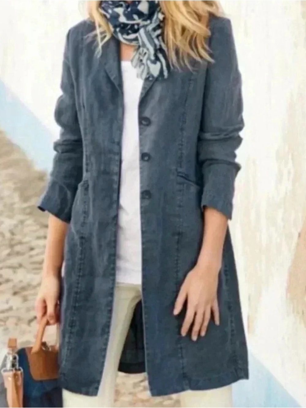 Peruvian Connection Blue Linen Hayden Duster Trench Jacket Size 12 Lagenlook